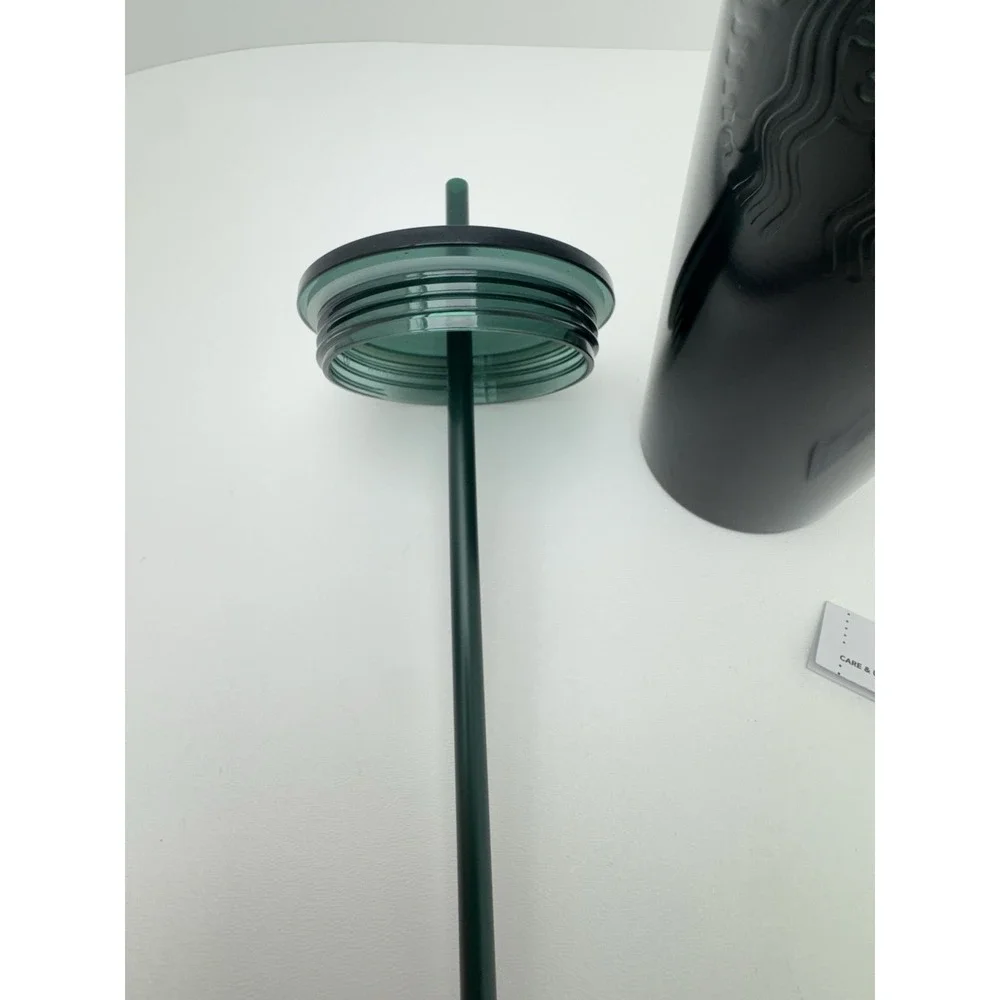 Starbucks ‎ New Matte Black/Green Stainless Steel Cold Cup Tumbler 24oz w/ Straw